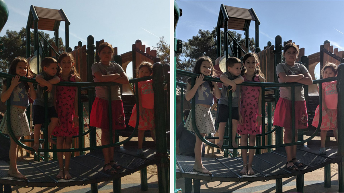 サードパーティーアプリで撮影した写真(左)とPixel Visual CoreによるHDR+写真(右)の比較