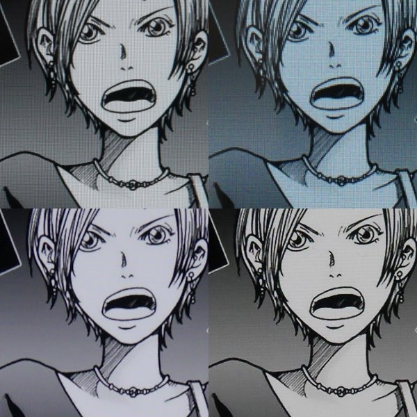 コミック(うめ著「大東京トイボックス 1巻」)の比較。10.5インチiPad Pro(下段右)ほどのメリハリはないが、7.9型のBNT-791W(上段右)に比べるとディティールはしっかりしており、鼻の影のナナメ線などもつぶれていない