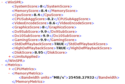 「winsat formal」コマンド結果。総合 8。プロセッサ 8.4、メモリ 8.4、グラフィックス 8、ゲーム用グラフィックス n/a、プライマリハードディスク 8.95