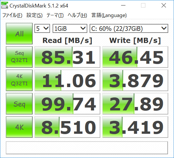 CrystalDiskMark。Seq Q32T1 Read 85.31/Write 46.45、4K Q32T1 Read 11.06/Write 3.879、Seq Read 99.74/Write 27.89、4K Read 8.510/Write 3.419(MB/s)