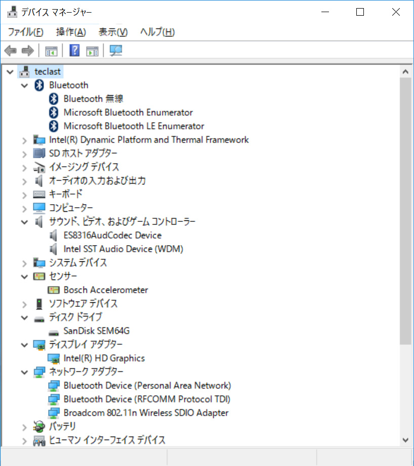 デバイスマネージャ/主要なデバイス。ストレージはeMMC 64GBの「SanDisk SEM64G」。Wi-FiとBluetoothはBroadcom製