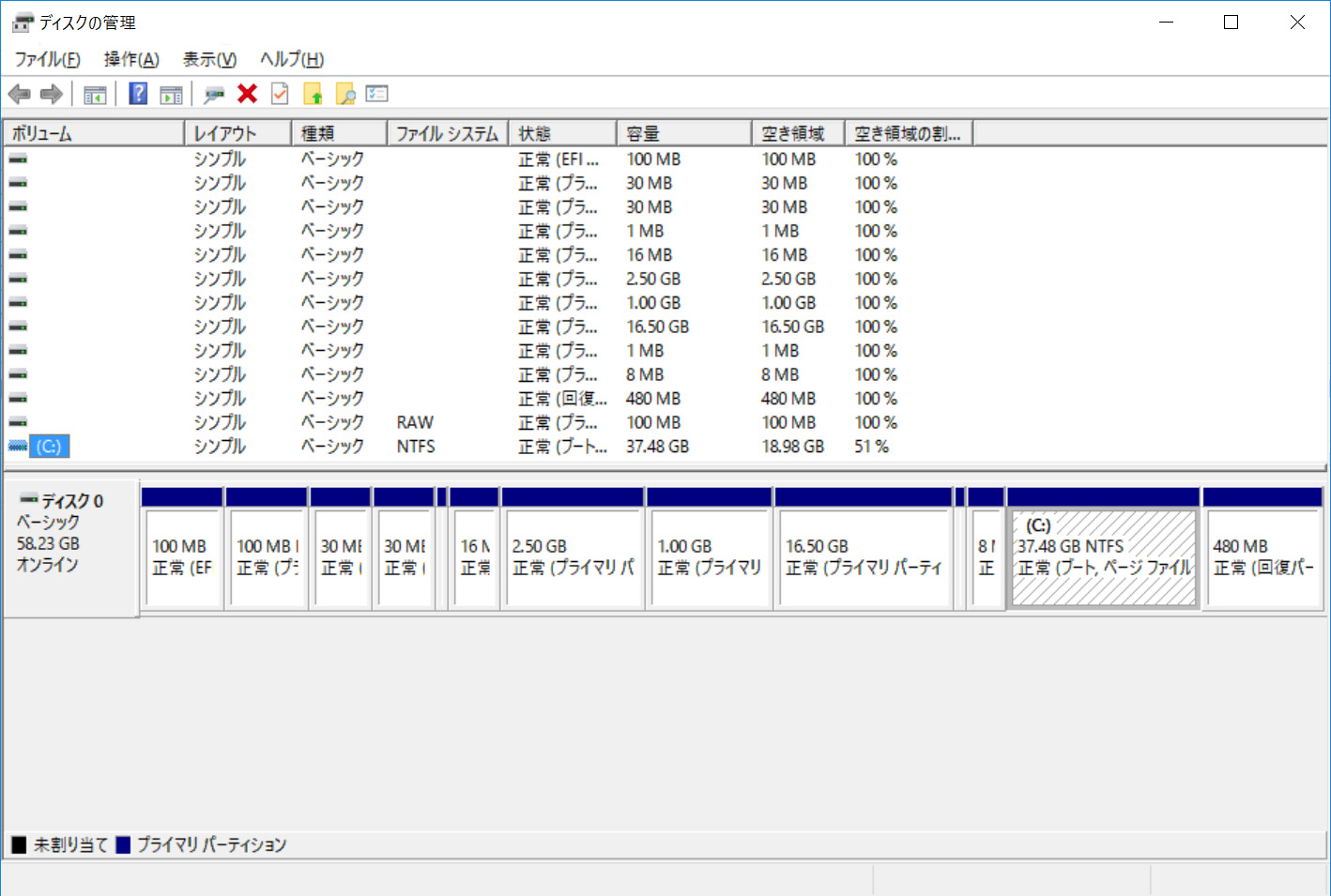 eMMCのパーティション。Windows自体のパーティションはCドライブのみで、約37.5GBが割り当てられているものの、Android側のパーティションが細かくある
