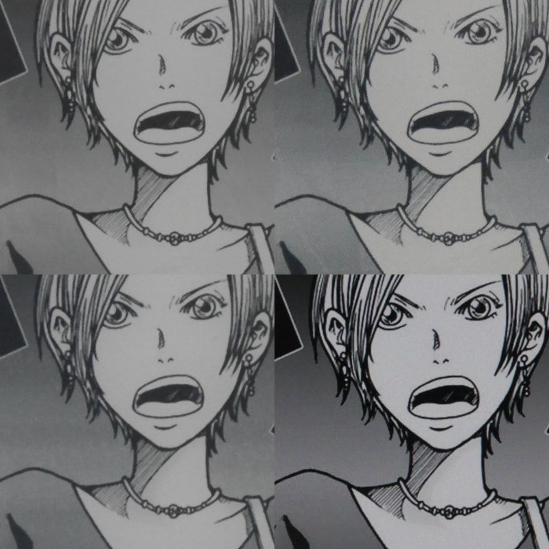 コミック(うめ著「大東京トイボックス 1巻」)の比較。こちらもテキストと同様、下段の左右こそ解像度に準じた差は感じるが、十分な表現力だ。200ppi以下だと現れる、鼻の左側の影がベタ塗りになってしまう症状も見られない