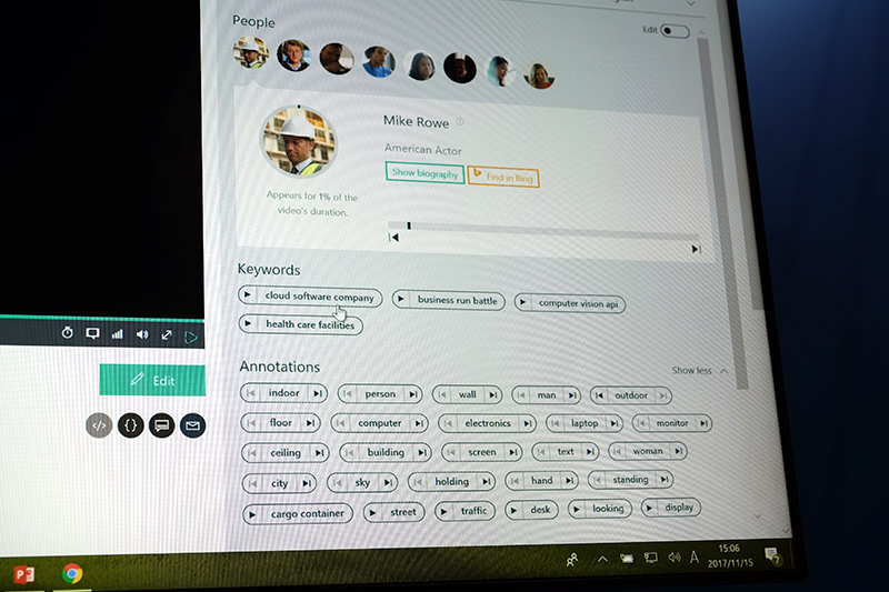 登壇者が米国の俳優であることを認識しているほか、講演内容からキーワードを抽出。その発言のあったタイミングへジャンプするといったこともできる