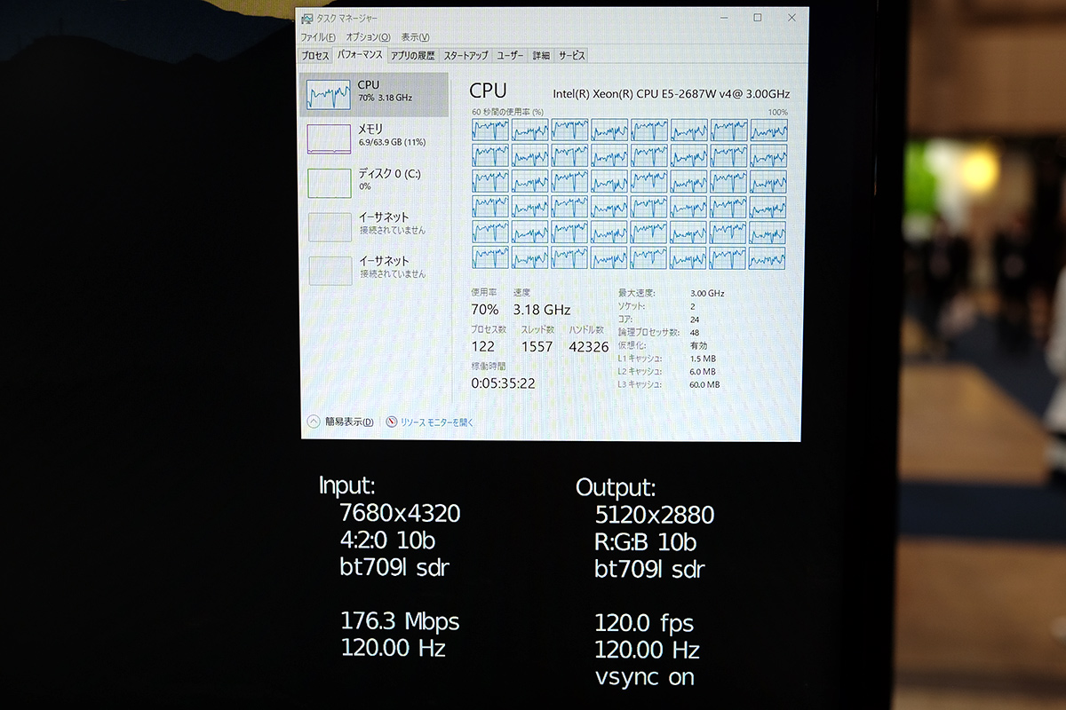 Xeon E5-2687W v4(24コア/48スレッド)の使用率は70%前後を推移