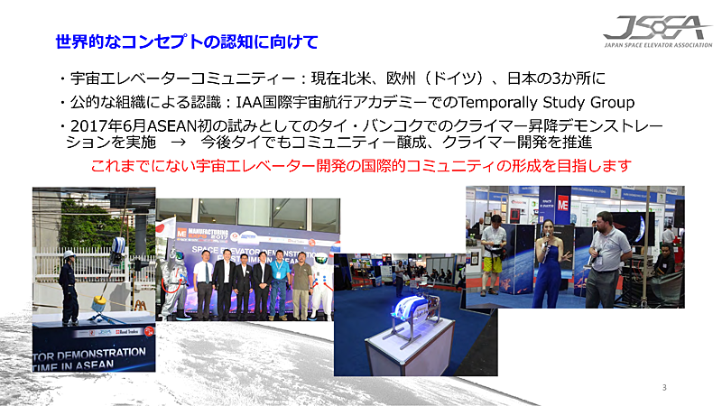 宇宙エレベーターのコミュニティは、現在、北米とドイツと日本の3か所にあり、IAA国際宇宙航行アカデミーにも認知されている