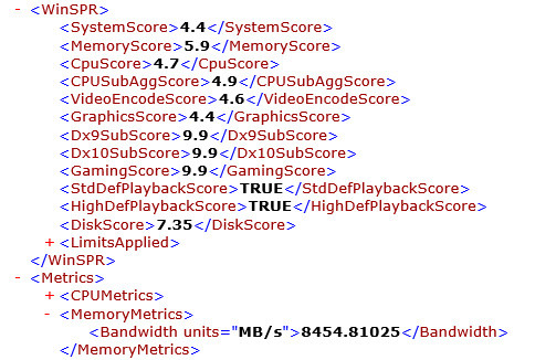 「winsat formal」コマンド結果。総合 4.4。プロセッサ 4.7、メモリ 5.9、グラフィックス 4.4、ゲーム用グラフィックス n/a、プライマリハードディスク 7.35