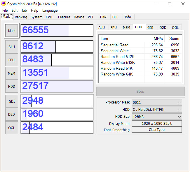 CrystalMark。ALU 9612、FPU 8483、MEM 13551、HDD 27517、GDI 2948、D2D 1960、OGL 2484