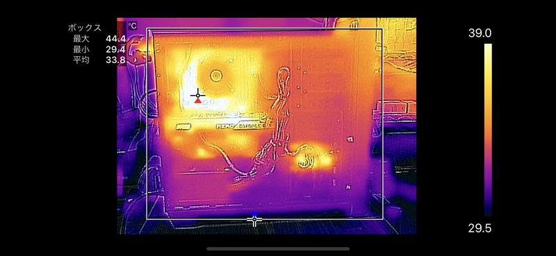 ベンチマークを実行中に、サイドパネルをはずして計測。CPU左下で表面温度44.4℃を記録している