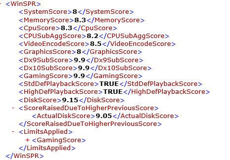 「winsat formal」コマンド結果。総合 8。プロセッサ 8.3、メモリ 8.3、グラフィックス 8、ゲーム用グラフィックス n/a、プライマリハードディスク 9.15