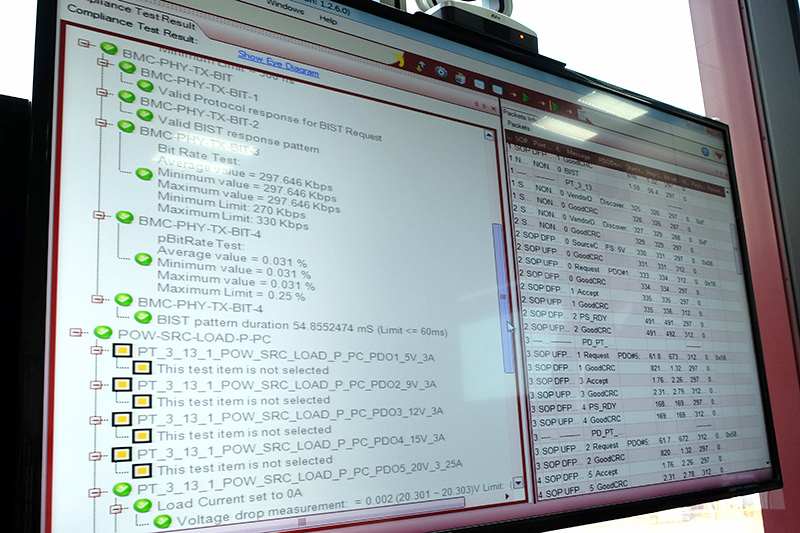 Energearの65W ACアダプタを使ったデモ。規格準拠品なのですべてチェックが付いている(黄色の項目はデモでは時間が掛かるためスキップされた項目)