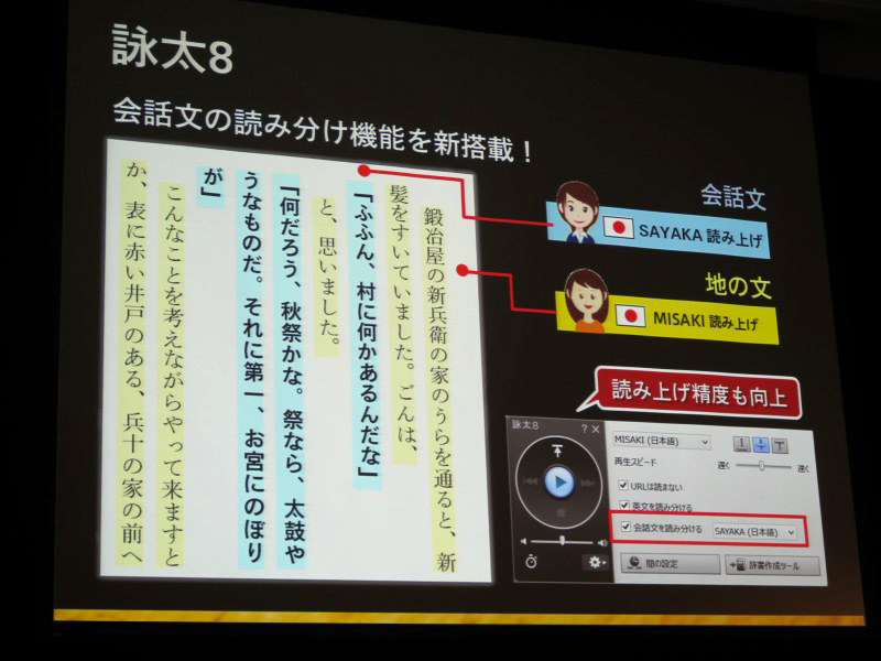 詠太8では、会話文と地の文を異なる声で読み分け可能で、小説執筆などで約立つという