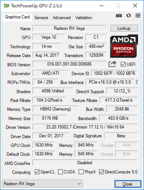 Radeon RX Vega 64のGPU-Z実行画面