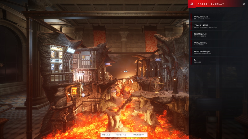 ゲーム中に表示したRadeon Overlay。Radeon ReLive、パフォーマンス監視、Radeon Chill、FRTC、FreeSync、色設定の項目が表示されている。