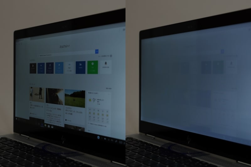 斜め45度から撮影してみた。HP Sure Viewを有効にすると、ほとんどコントラストが失われてグレー一色に見える