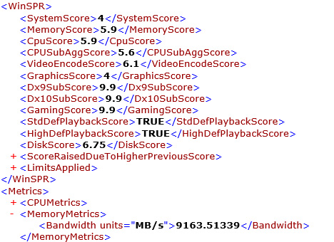 winsat formalコマンドの実行結果。総合 4。プロセッサ 5.9、メモリ 5.9、グラフィックス 4、ゲーム用グラフィックス n/a、プライマリハードディスク 6.75