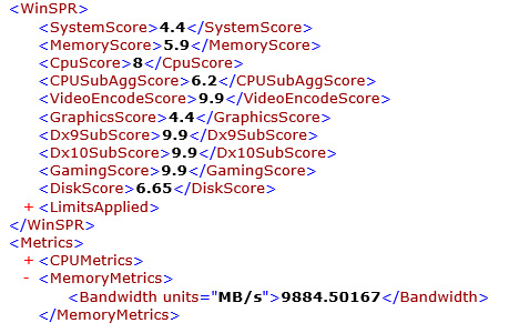 winsat formalコマンドの実行結果。総合 4.4。プロセッサ 8、メモリ 5.9、グラフィックス 4.4、ゲーム用グラフィックス n/a、プライマリハードディスク 6.65