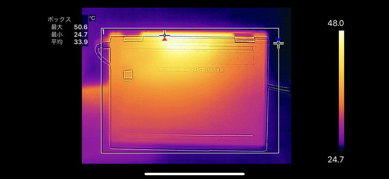 底面の最大温度は50.6℃。キーボード面、底面ともにかなり温度が高めだ