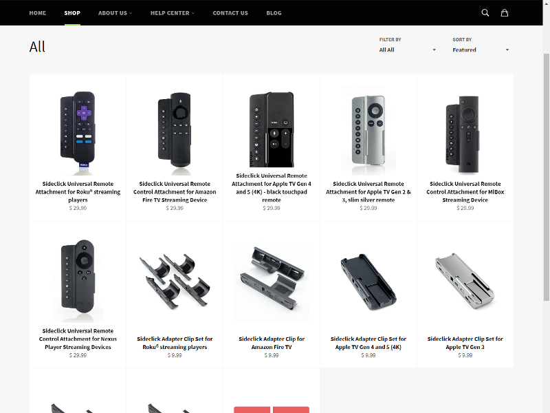 <a href="https://www.sideclickremotes.com/collections/all" class="n" target="_blank">こちらはメーカーの製品一覧ページ</a>。リモコンの形状が変更になっても継続して使えるようにするためのアダプタも別売されている