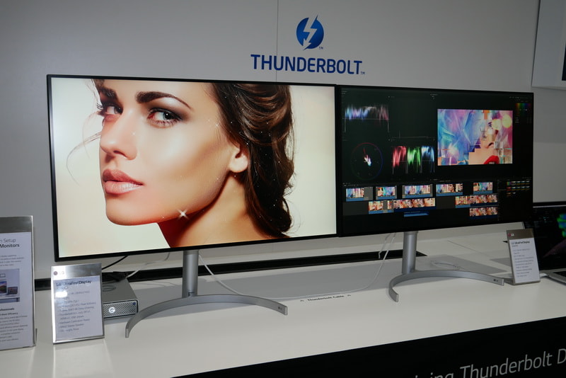 ブースでは、MacBook Proと2台の32UK950、外部ストレージをThunderbolt 3でデイジーチェン接続したデモも行なわれた