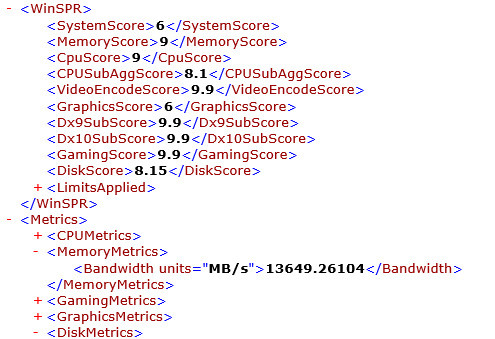 「winsat formal」コマンド結果。総合 6。プロセッサ 9、メモリ 9、グラフィックス 6、ゲーム用グラフィックス n/a、プライマリハードディスク 8.15