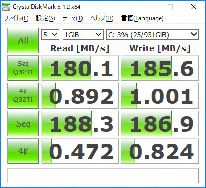 CrystalDiskMark。Seq Q32T1 Read 180.1/Write 185.6、4K Q32T1 Read 0.892/Write 1.001、Seq Read 188.3/Write 186.9、4K Read 0.472/Write 0.824(MB/s)