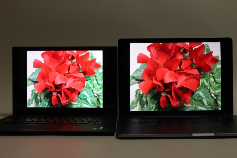 左がDolby Vision HDR対応WQHDディスプレイを搭載したThinkPad X1 Carbon、右がMacBook Pro(15inch, Late 2016)。うまく写らなかったが、実際にはThinkPad X1 Carbonでは花がピンクがかって見える