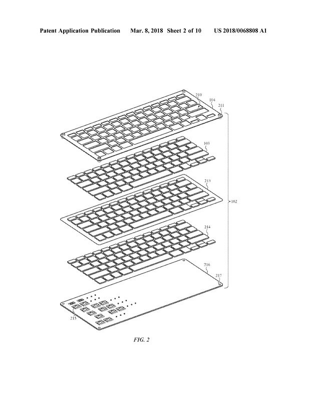 キーキャップを3重構造とし、1層目と2層目のあいだにシートを挟む