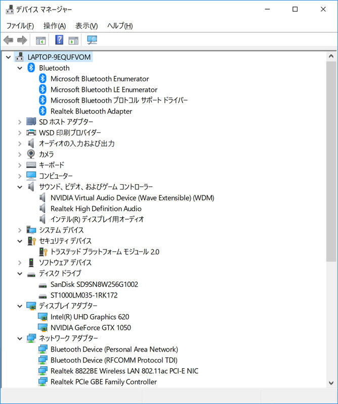 デバイスマネージャー/主要なデバイス。ストレージはC:ドライブが256GB SSDの「SanDisk SD9SN8W256G」、D:ドライブが1TB/5400rpm/128MB HDDの「Seagate ST1000LM35」。Gigabit Ethernet、Wi-Fi、BluetoothはすべてRealtek製