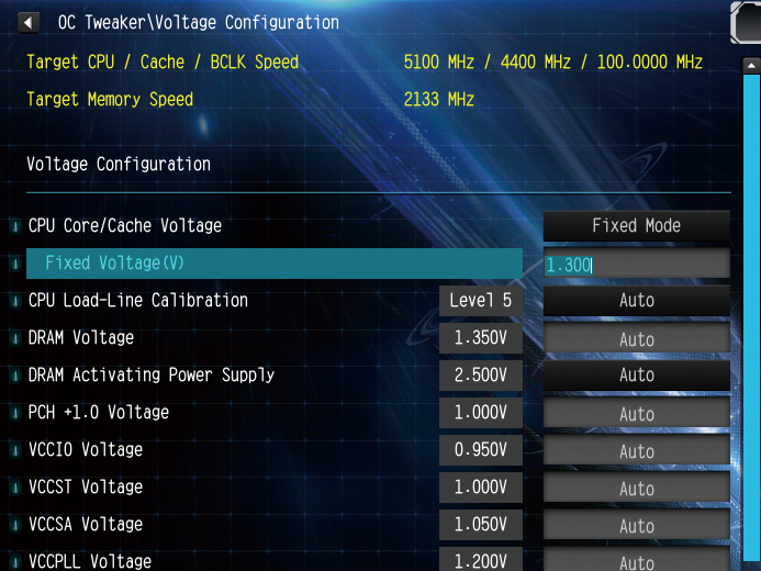 (4) CPU電圧の設定。今回は動作クロックを固定するので、CPU電圧も固定となるFixed Modeを選択する。Skylake-Xの場合は1.15V辺りから始めると高負荷時のオーバーヒートの心配が少ない