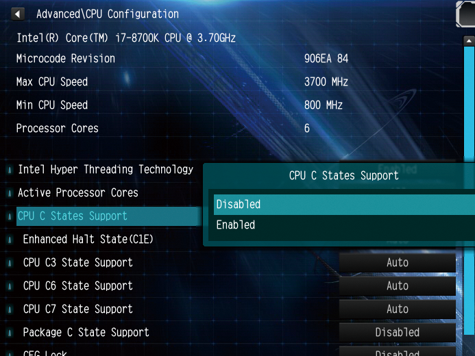 (6) 省電力機能を無効化。動作クロックが変動すると高負荷時に不安定になる場合があるので、省電力機能のCPU C States Supportを無効化してCPUクロックを固定