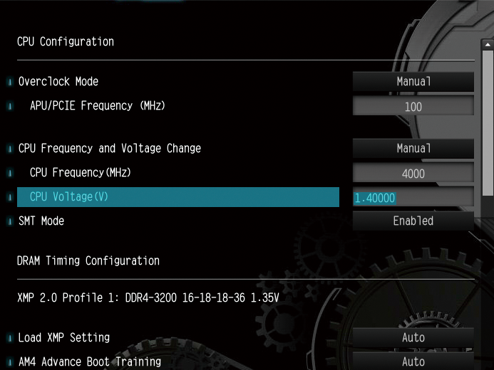 (2) 動作電圧の設定。動作クロックを設定したらそれに合わせてCPU電圧を設定する。CPUの個体差にもよるが、発熱や耐久性を考えると1.4V以下に抑えておいたほうがよいだろう