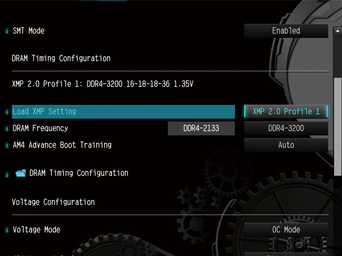 (3) メモリ設定を適用。OCメモリを使用している場合は、XMPセッティングのロードを忘れずに行なう。Intelプラットフォームと同じで動作クロックやレイテンシ、電圧が自動設定される