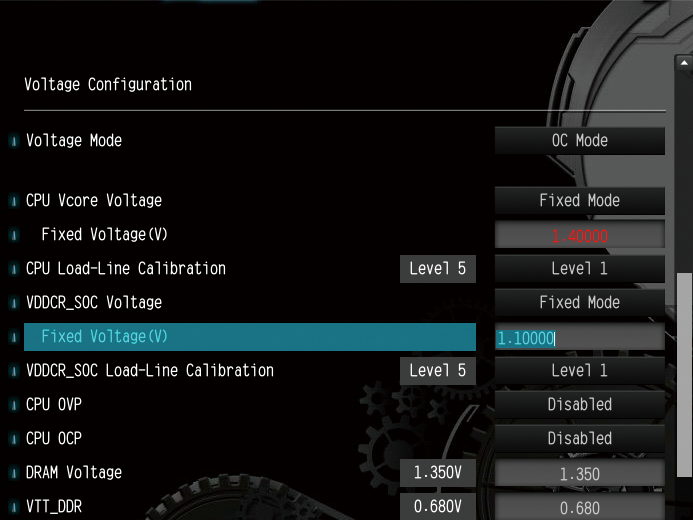 (4) SoC電圧を設定。メモリの安定性を向上させる効果があるSoC電圧を昇圧する。マザーボードやCPUの耐性にもよるが、DDR4-2666以下の場合は定格のままでもOKだ