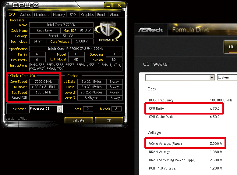 圧倒的な高クロックが魅力。Core i7-7700Kを使って7GHzを達成した際のCPU-Z画面。2Vという常温では即破損するような超高電圧設定ができるのは極冷ならではだ