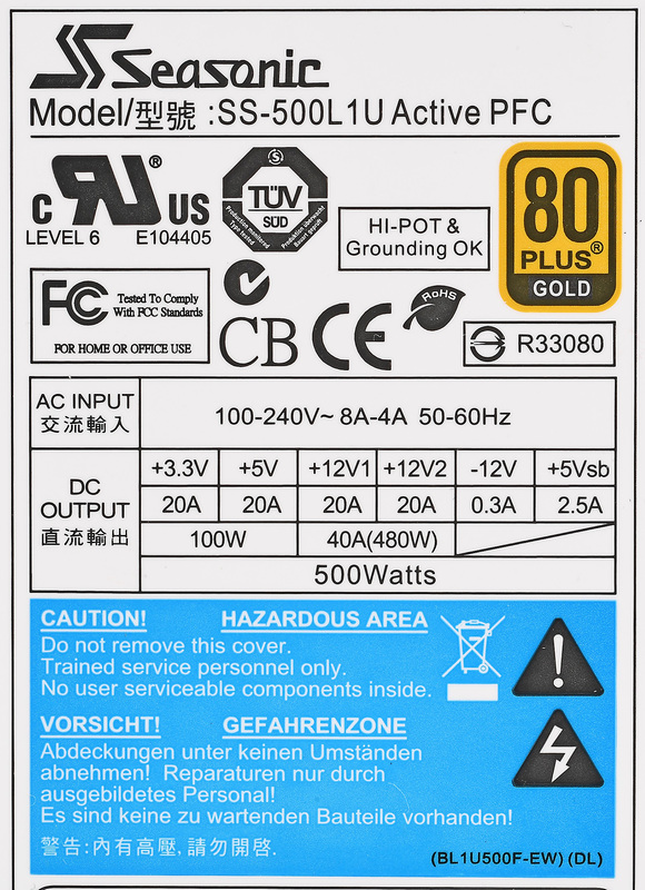 GPUボックス搭載電源の仕様諸元。出力は500Wで80PLUS Gold準拠