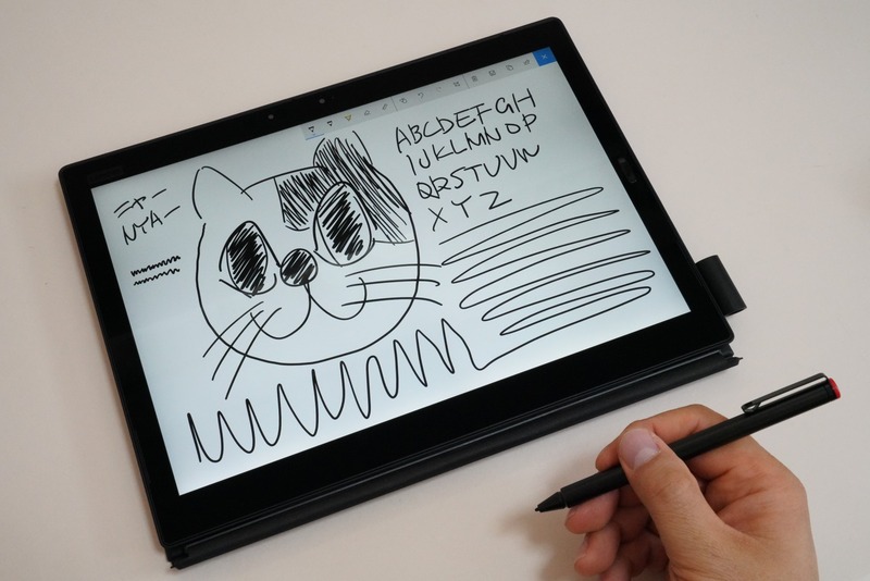 ThinkPad Active Penの書き味は硬め。滑りはいいが、摩擦感がほとんどないので、細かな文字を書きにくく感じた