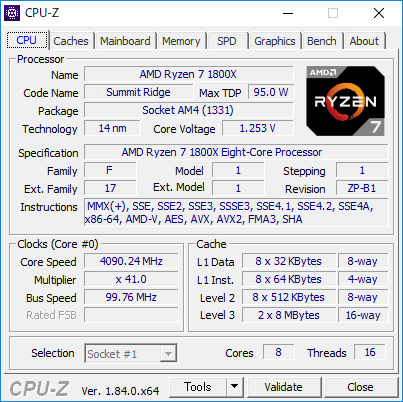 Ryzen 7 1800X。第1世代Ryzenの8コア16スレッドCPU