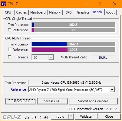 CPU-Z付属のベンチマークによれば、Ryzen 7 1700に比肩する性能である