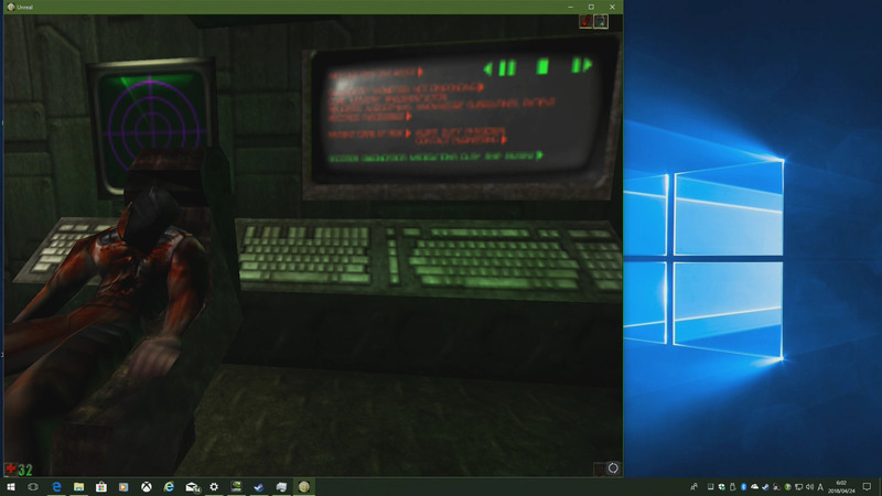 「Unreal Gold」は記念すべきUnrealシリーズ1作目に続編としてリリースされたMODをセットにしたもの。最初のストーリーは、主人公が囚人護送船で護送されているが、何らかの事故が発生したことで不時着したところからのスタートとなる。確かにスタート地点は薄暗いため、どこから脱出すればいいのか最初は四苦八苦してしまった。2階の奥にある扉の横から抜けられる通風孔のようなところから脱出することで前に進めると、謎のコンピュータルームに到着する