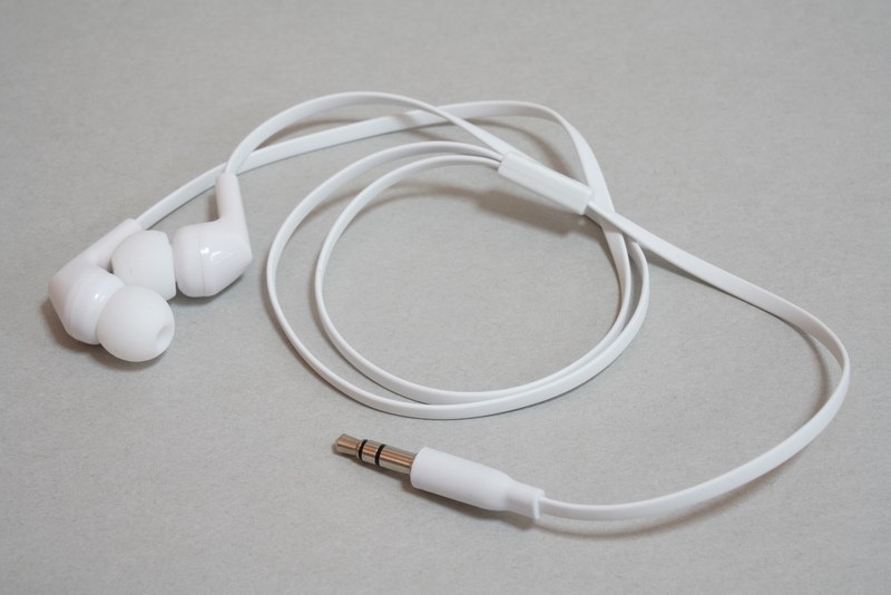 専用イヤフォン。長さは約45cmと短め。LとRの文字はイヤフォン本体根元外側に刻印されている