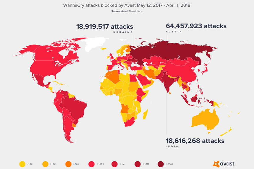 Avastが2017年5月12日～2018年4月1日までにブロックした、WannaCryの攻撃ヒートマップ。日本は155,972回の攻撃をブロック