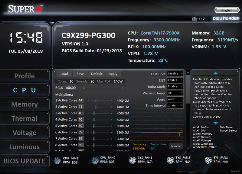CPU動作クロックなどの設定画面