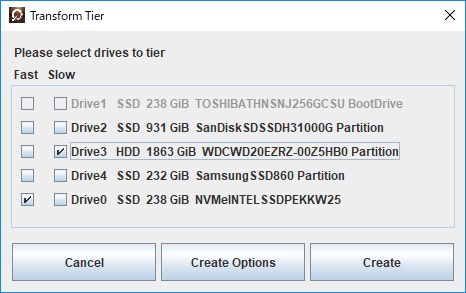 Create Non-Bootable StoreMIのドライブ選択画面。Fast TierとSlow Tierをそれぞれ1台ずつ選択し、Createを押すと仮想ドライブの作成が開始される