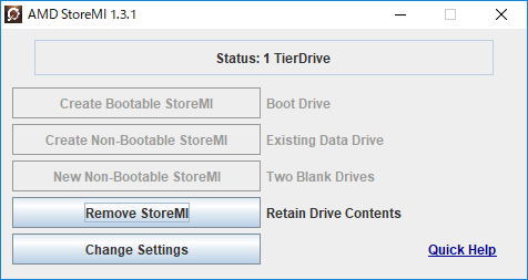 仮想ドライブ作成後のStoreMIのメイン画面。仮想ドライブの設定変更はChange Settingsから行なう