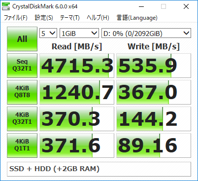 StoreMI (SSD + HDD、DRAMキャッシュ有効)