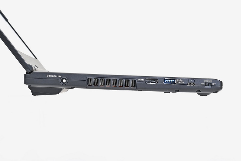 左側面。左から電源端子、HDMI出力、USB 3.0、Thunderbolt 3、無線切り替えスイッチ