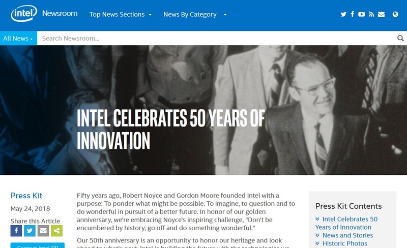 Intelの創業50周年を記念する<a href="https://newsroom.intel.com/press-kits/intel-50/" class="n" target="_blank">Webサイト</a>のトップページをキャプチャした画像