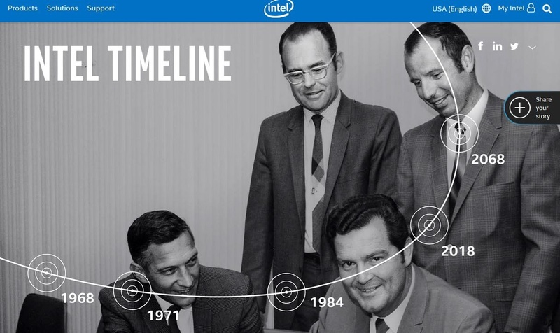 <a href="https://50thanniversary.intel.com/timeline/" class="n" target="_blank">「Intel Timeline」のトップ画像</a>。左下にRobert Noyce氏、左上にGordon Moore氏が写っている