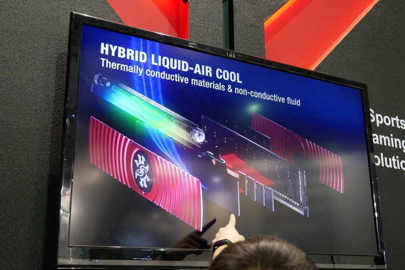 金属製ヒートシンクと特殊な熱伝導パネルで水平方向に熱を放出しつつ、上部の液体で垂直方向の熱を奪うという